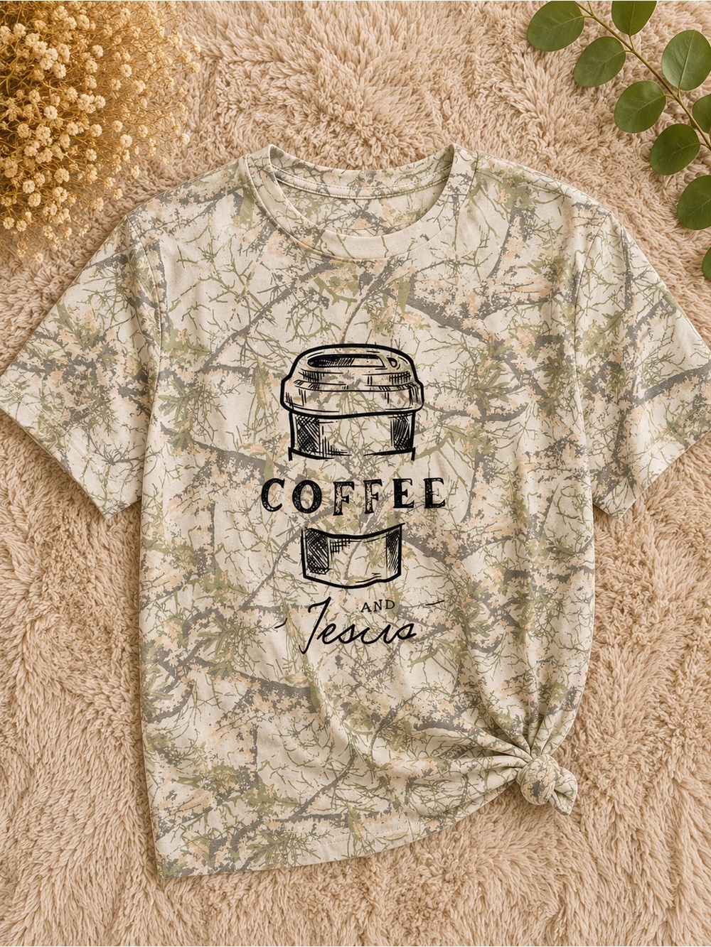 Coffee and Jesus Graphic Tee - Neutral Camo